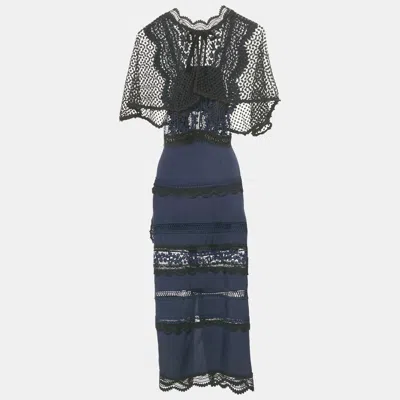 Pre-owned Self-portrait Navy Blue Bellis Lace & Crepe Cape Sleeved Maxi Dress S