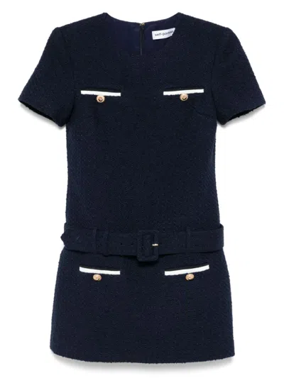 SELF-PORTRAIT NAVY BLUE BELTED TWEED MINI DRESS