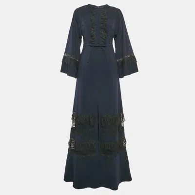 Pre-owned Self-portrait Navy Blue Crepe Lace Trimmed Maxi Dress S
