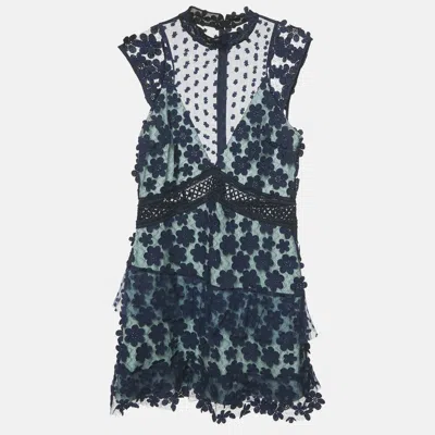 Pre-owned Self-portrait Navy Blue Floral Applique Lace Sleeveless Mini Dress M
