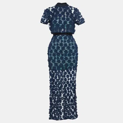 Pre-owned Self-portrait Navy Blue Floral Lace 60's Overlay Maxi Dress S