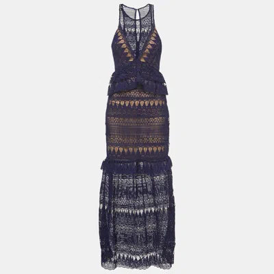 Self-portrait Navy Blue Teardrop Guipure Lace Paneled Maxi Dress