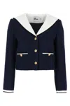 Self-portrait Belted Waist Short Jacket With Stripe Trim In Blue