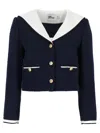 Self-portrait Belted Waist Short Jacket With Stripe Trim In Blue