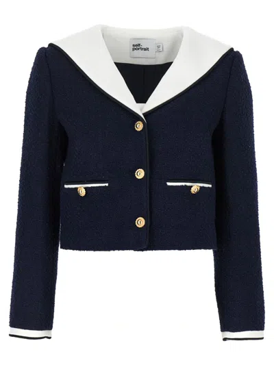 SELF-PORTRAIT SELF-PORTRAIT 'NAVY BOUCLE CONTRAST COLLAR' BLAZER