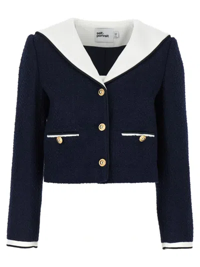 SELF-PORTRAIT SELF-PORTRAIT 'NAVY BOUCLE CONTRAST COLLAR' BLAZER