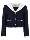 Self-portrait Belted Waist Short Jacket With Stripe Trim In Blue