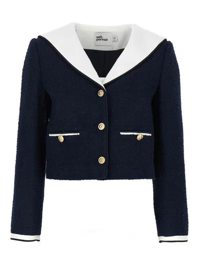 Self-portrait Navy Boucle Contrast Collar Blazer