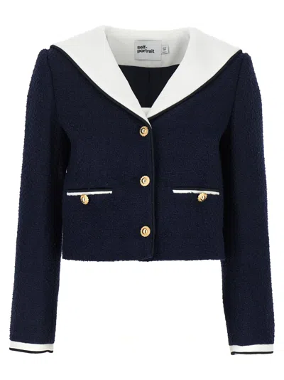 Self-portrait Navy Boucle Contrast Collar Blazer And Suits Blue