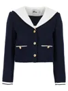Self-portrait Belted Waist Short Jacket With Stripe Trim In Blue
