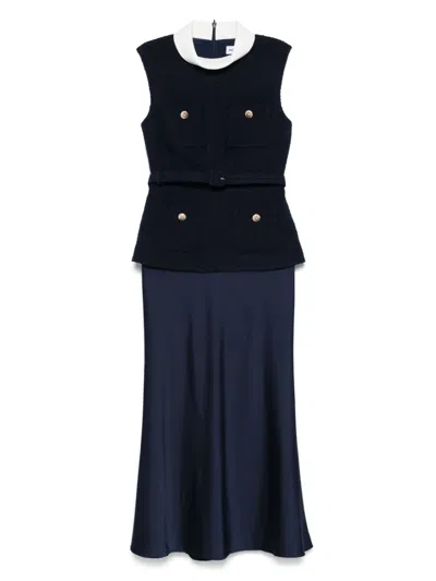 SELF-PORTRAIT NAVY BOUCLE SLEEVELESS MIDI DRESS