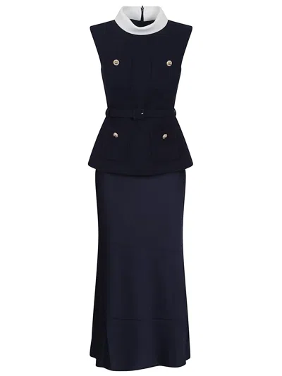 Self-portrait Navy Boucle Sleeveless Midi Dress In Blue