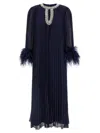 Self-portrait Navy Chiffon Feather Midi Dresses Blue In Blue