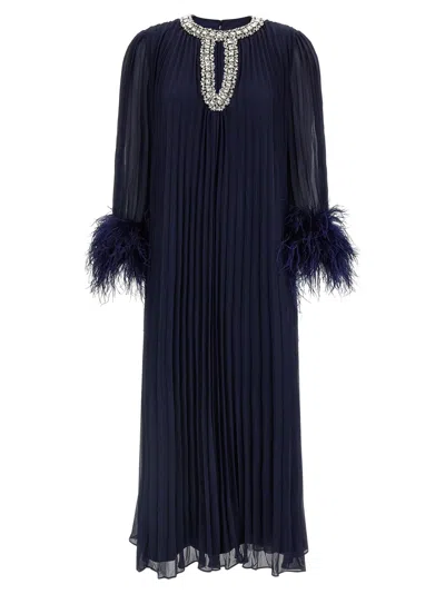 SELF-PORTRAIT NAVY CHIFFON FEATHER MIDI DRESSES BLUE