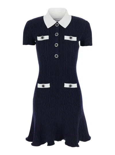 SELF-PORTRAIT BLUE MINI DRESS WITH CONTRASTING COLLAR AND JEWEL BUTTONS IN VISCOSE BLEND WOMAN
