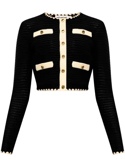 Self-portrait Navy Crochet Contrast Trim Cardigan In Blue