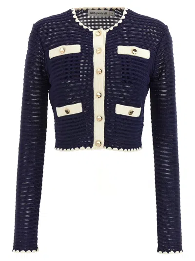 SELF-PORTRAIT NAVY CROCHET CONTRAST TRIM CARDIGAN