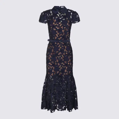 Self-portrait Guipure Blue Long Dress With Lace Design And Adjustable Waist Belt In Fabric Woman