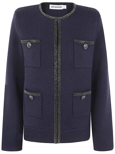 Self-portrait Embellished Knit Cardigan Jacket In Navy
