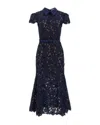 Self-portrait Guipure Blue Long Dress With Lace Design And Adjustable Waist Belt In Fabric Woman In Blue