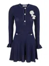 Self-portrait Abito Mini Navy Pointelle Knit Crochet Flower In Blue