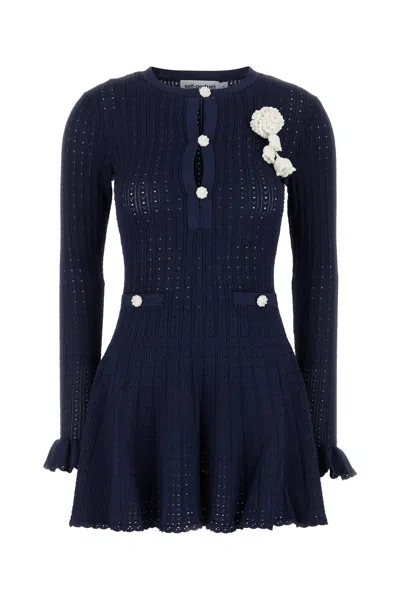 SELF-PORTRAIT NAVY POINTELLE KNIT CROCHET FLOWER MINI DRESS PF25094SBL BLUE