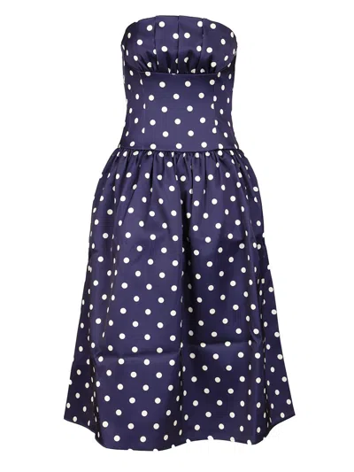 Self-portrait Polka Dot Satin Midi Dress In Navy In Blue