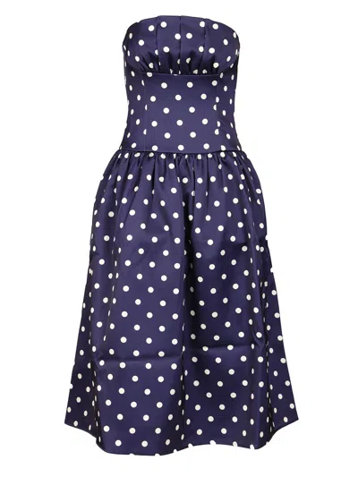 SELF-PORTRAIT NAVY POLKA DOT SATIN MIDI DRESS DRESSES BLUE