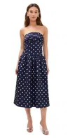 Self-portrait Strapless Pleated Polka-dot Satin Midi Dress In Navy