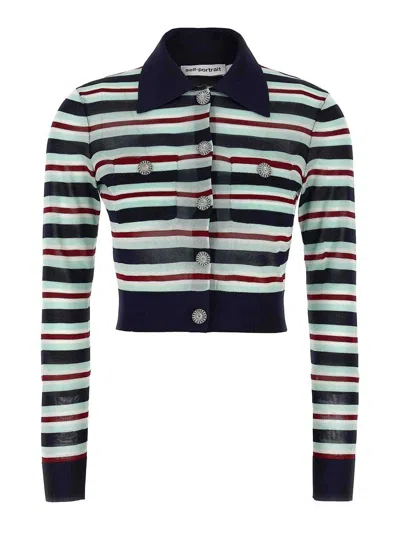 Self-portrait Navy Striped Viscose Knit Cardigan