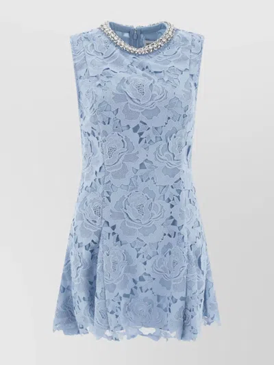 Self-portrait Neckline Embellished Floral Lace Overlay Sleeveless Dress In Blue