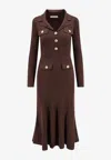 Self-portrait Midi Ribbed Viscose Dress With In Brown