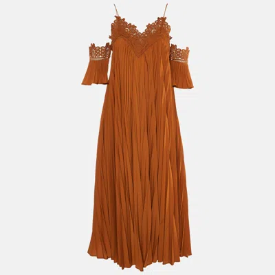 Pre-owned Self-portrait Ochre Plisse Lace Trim Cold Shoulder Long Dress S