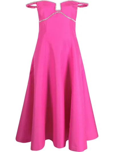 Self-portrait Fuchsia Flared Midi Dress With Bare Shoulders In Purple