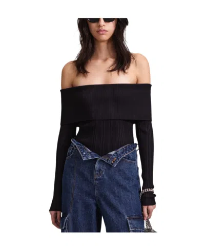 Self-portrait Off-shoulder Ribbed Top In Black