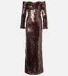 Self-portrait Sequin Off-shoulder Maxi Dress In Brown