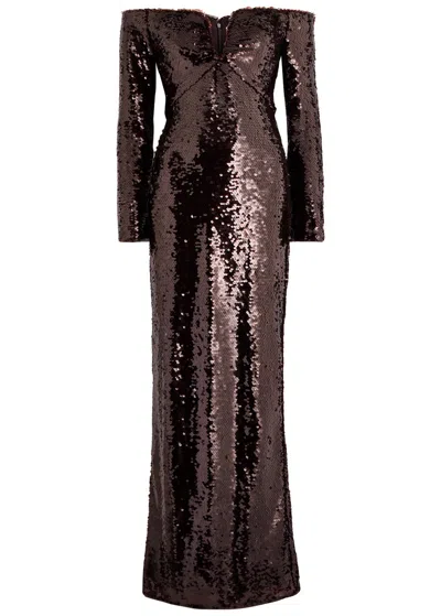 Self-portrait Off-the-shoulder Sequin-embellished Gown In Brown
