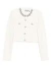 Self-portrait Cropped Sweater With Textured Boucle Knit And Crystal Embellishments In White