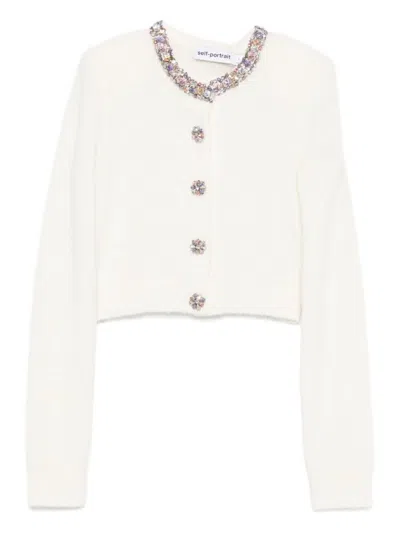 Self-portrait Cropped Sweater With Beaded Trim In White