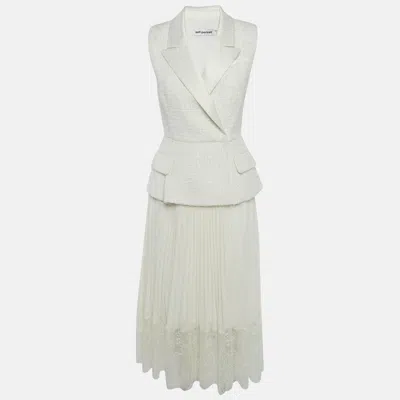 Pre-owned Self-portrait Off White Tweed & Plisse Blazer Wrap Over Midi Dress S