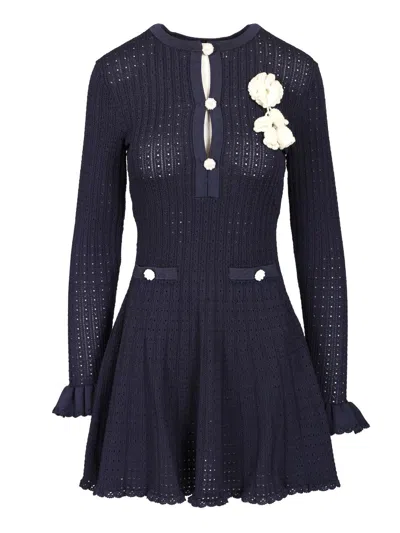 Self-portrait Openwork Knit Mini Dress In Blue