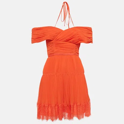 Pre-owned Self-portrait Orange Lace Trim Chiffon Pleated Off-shoulder Mini Dress S