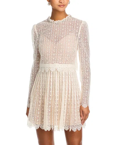 Self-portrait Belted Crystal-embellished Pleated Lace Mini Dress In Neutral