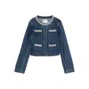 Self-portrait Cropped Denim Jacket With Crystal Chain Trims In Multi