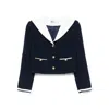 Self-portrait Belted Waist Short Jacket With Stripe Trim In Blue