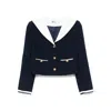 Self-portrait Belted Waist Short Jacket With Stripe Trim In Blue