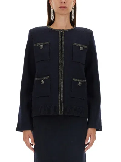 Self-portrait Oversized Black Knitted Cardigan With Flared Sleeves In Blue