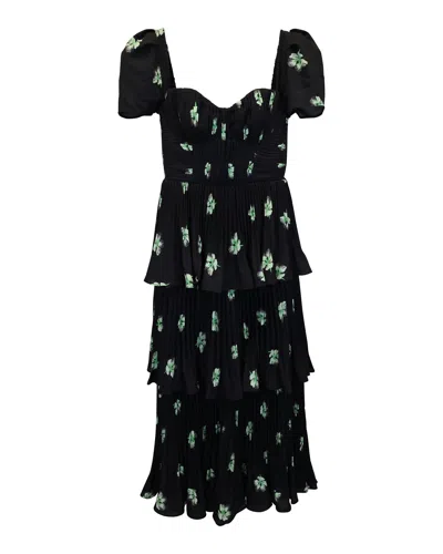 Self-portrait Self Portrait Pansy-print Tiered Woven Midi Dress In Black Polyester