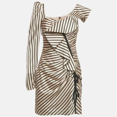 Pre-owned Self-portrait Peach/pink Stripe Print Satin Ruffled One-shoulder Mini Dress S