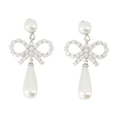 Self-portrait Pearl Bow Droplet Earrings - Silver - White